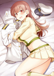 Rule 34 | !, 1girl, bed sheet, blush, breasts, brown eyes, brown hair, hat, kantai collection, kneehighs, large breasts, long hair, long sleeves, military, military uniform, naval uniform, navel, ooi (kancolle), ooi kai ni (kancolle), parted lips, peaked cap, pillow, pleated skirt, rui shi (rayze ray), school uniform, serafuku, skirt, socks, solo, uniform, yellow skirt, yellow socks