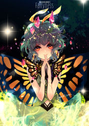 Rule 34 | 1girl, antennae, aqua hair, artist name, butterfly wings, closed mouth, dress, earrings, eternity larva, fairy, green dress, insect wings, jewelry, leaf, leaf on head, looking at viewer, mochinue, multicolored clothes, multicolored dress, orange eyes, short hair, signature, smile, solo, touhou, wings