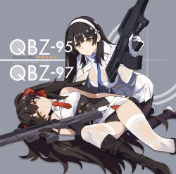 Rule 34 | 2girls, assault rifle, black footwear, black hair, black legwear, black panties, blue neckwear, blush, boots, breasts, brown eyes, brown hair, bullpup, buttons, cape, cleavage, closed mouth, corset, double-breasted, flower, girls&#039; frontline, gloves, grin, gun, hair between eyes, hair flower, hair ornament, hair ribbon, hairband, highres, holding, holding weapon, knee boots, large breasts, long hair, looking at viewer, multiple girls, necktie, ningen (ningen96), panties, pantyhose, pleated skirt, qbz-95, qbz-97, ribbon, rifle, shirt, skirt, sleeveless, sleeveless shirt, smile, thighhighs, twintails, type 95 (girls&#039; frontline), type 97 (girls&#039; frontline), underbust, underwear, very long hair, weapon, white gloves, white hairband, white legwear, white shirt, white skirt, yellow eyes