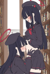 Rule 34 | 2girls, black gloves, black hair, black headwear, black shirt, black skirt, black thighhighs, blue archive, blush, book, bookshelf, closed eyes, clothes lift, commentary request, from side, gloves, hair over eyes, halo, hands on another&#039;s stomach, hat, highres, indoors, justice task force member (blue archive), library, licking, licking navel, lifting own clothes, long hair, moaning, multiple girls, navel, navel insertion, open mouth, pleated skirt, red halo, school uniform, serafuku, shirokuma a, shirt, shirt lift, skirt, stomach, thighhighs, tongue, tongue out, yuri