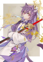 Rule 34 | 1girl, absurdres, adapted costume, animal ear fluff, animal ears, capelet, cat ears, cat tail, chinese commentary, closed mouth, commentary request, cowboy shot, crossed arms, dress, flower, genshin impact, hair flower, hair ornament, highres, holding, holding sword, holding weapon, kemonomimi mode, keqing (genshin impact), long hair, long sleeves, looking at viewer, ponytail, purple capelet, purple dress, purple eyes, purple hair, shito0823, solo, sword, tail, tassel, two-tone dress, weapon, white dress, white flower