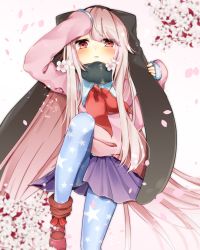 Rule 34 | 1girl, abe suke, arm up, blush, cherry blossoms, highres, long hair, looking at viewer, mary janes, neckerchief, original, pantyhose, parted lips, petals, pink hair, pleated skirt, purple skirt, red eyes, red footwear, red pantyhose, school uniform, serafuku, shoes, sidelocks, skirt, sleeves past wrists, solo, star (symbol), star print, very long hair