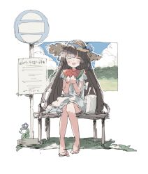 Rule 34 | 1girl, absurdres, bag, barefoot, bench, brown hair, bus stop, closed eyes, cloud, commentary, copyright request, dress, eating, food, fruit, happy, hat, highres, long hair, omochi chowder, open mouth, road sign, sign, sitting, solo, straw hat, sundress, watermelon, watermelon slice