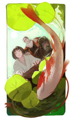 Rule 34 | 2boys, absurdres, black hair, black shirt, brown eyes, brown pants, closed mouth, coat, collarbone, commentary request, fish, from below, grey scarf, hand on another&#039;s shoulder, highres, japanese clothes, kimono, koi, kuro the divine heir, lily pad, long sleeves, looking at viewer, male focus, multiple boys, on one knee, orange coat, pants, pleated pants, scarf, sekiro, sekiro: shadows die twice, shirt, short hair, topknot, vetania, water, white kimono
