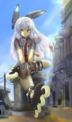 Rule 34 | 10s, 1girl, :o, absurdres, alternate eye color, blue sky, blunt bangs, bodysuit, buttons, chicken99, commentary request, crop top, crossed legs, day, dress, hair ribbon, headgear, highres, inline skates, kantai collection, long hair, looking to the side, military, military vehicle, murakumo (kancolle), murakumo kai ni (kancolle), ribbon, roller skates, sailor dress, school uniform, serafuku, ship, sidelocks, silver hair, sitting, skates, sky, solo, tassel, tress ribbon, v arms, warship, watercraft, wind, yellow eyes