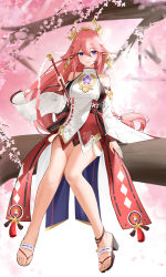 Rule 34 | 1girl, bare legs, bare shoulders, breasts, cherry blossoms, closed mouth, full body, genshin impact, hair ornament, highres, holding, in tree, japanese clothes, legs, long hair, looking at viewer, miko, petals, pink hair, purple eyes, qing wu, sandals, sitting, sitting in tree, smile, solo, toes, tree, yae miko