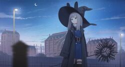 Rule 34 | 1girl, animal ear headwear, animal ears, belt, black hat, black jacket, blue eyes, brown belt, building, closed mouth, cowboy shot, crescent moon, expressionless, fake animal ears, grey hair, hat, holding, holding staff, jacket, lantern, long hair, moon, night, night sky, open clothes, original, outdoors, sky, solo, staff, standing, star (sky), starry sky, wasabi60, witch hat