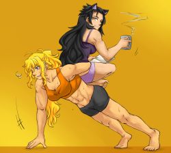 Rule 34 | 2girls, abs, animal ears, black hair, blake belladonna, blonde hair, breasts, cat ears, cleavage, cup, dlanon, exercising, extra ears, looking back, makeup, mug, multiple girls, muscular, muscular female, paper, person on back, purple eyes, push-ups, rwby, simple background, sitting, sitting on person, smile, sports bra, steam, tank top, yang xiao long, yellow eyes