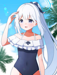 Rule 34 | 1girl, absurdres, bare arms, bare shoulders, black one-piece swimsuit, blue archive, blue halo, blush, cowboy shot, day, frilled one-piece swimsuit, frills, grey hair, halo, highres, long hair, miyako (blue archive), miyako (swimsuit) (blue archive), off-shoulder one-piece swimsuit, off shoulder, official alternate costume, one-piece swimsuit, open mouth, outdoors, petako (ptpt k), ponytail, purple eyes, smile, solo, swimsuit