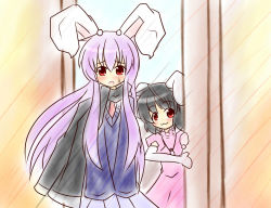 Rule 34 | 2girls, :3, animal ears, black hair, blush, rabbit ears, carrot, carrot necklace, female focus, inaba tewi, jewelry, long hair, multiple girls, necklace, open mouth, pendant, purple hair, red eyes, reisen udongein inaba, scarf, touhou, yurume atsushi