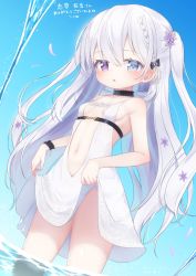 Rule 34 | 1girl, bare arms, bare shoulders, black bow, blue eyes, blue sky, blush, bow, braid, breasts, collarbone, commentary request, commission, day, dress, flower, hair between eyes, hair bow, hair flower, hair ornament, heterochromia, highres, kokone (coconeeeco), long hair, looking at viewer, navel, original, outdoors, parted lips, petals, purple eyes, purple flower, skeb commission, sky, sleeveless, sleeveless dress, small breasts, solo, standing, translated, two side up, very long hair, wading, water, white dress, white hair