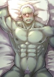 Rule 34 | 1boy, abs, armpit hair, armpits, bara, blush, colored skin, completely nude, cowboy shot, from above, green skin, katoributa a, large pectorals, lying, male focus, male pubic hair, mature male, monster boy, muscular, muscular male, navel, navel hair, nipples, nude, on back, on bed, orc, out-of-frame censoring, pectorals, penis, penis peek, pillow, pubic hair, rigurudo (tensei shitara slime datta ken), short hair, sideburns, solo, stomach, tensei shitara slime datta ken, thighs, white hair