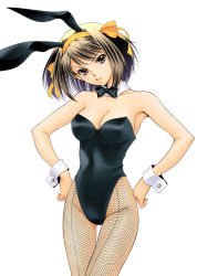Rule 34 | 00s, 1girl, animal ears, bow, bowtie, breasts, brown eyes, brown hair, cleavage, fake animal ears, fishnet pantyhose, fishnets, hands on own hips, highleg, leotard, mami akira, pantyhose, playboy bunny, rabbit ears, simple background, solo, suzumiya haruhi, suzumiya haruhi no yuuutsu, white background, wrist cuffs