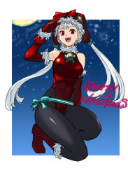 Rule 34 | 1girl, alternate costume, armpits, bare shoulders, bell, boots, capcom, capcom fighting jam, christmas, detached sleeves, fangs, gloves, hat, highres, ingrid (capcom), leotard, long hair, pantyhose, red eyes, red gloves, solo, tetsu (kimuchi), white hair
