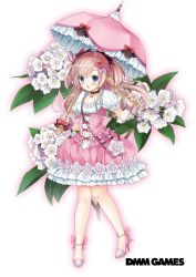 Rule 34 | 1girl, ankle ribbon, bag, blue eyes, blush, bow, brown hair, commentary request, copyright name, dmm, dress, floral background, flower knight girl, frilled dress, frilled umbrella, frills, full body, hair bow, hair ribbon, high heels, highres, holding, holding umbrella, kalmia (flower knight girl), knees together feet apart, leg ribbon, long hair, looking at viewer, multiple hair bows, parasol, pink dress, ribbon, shoulder bag, solo, spoon, standing, tagme, two side up, umbrella, white background