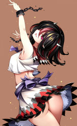 Rule 34 | 1girl, absurdres, arms up, ass, back, bare arms, black hair, breasts, brown background, crop top, cuffs, fang, from behind, grey horns, highres, horns, kijin seija, looking at viewer, looking back, medium breasts, medium hair, midriff, miniskirt, multicolored hair, no panties, open mouth, pink eyes, pointy ears, raptor7, red hair, shackles, shirt, short hair, simple background, skirt, sleeveless, sleeveless shirt, smile, solo, standing, streaked hair, touhou, white hair, white shirt, white skirt