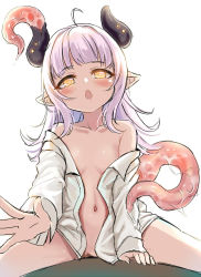 Rule 34 | 1girl, ahoge, arm support, blouse, blush, breasts, chestnut mouth, collarbone, collared shirt, dress shirt, highres, horns, long hair, long sleeves, looking at viewer, naked shirt, navel, off shoulder, open clothes, open mouth, open shirt, original, outstretched arm, pointy ears, purple hair, shirt, simple background, sitting, sleeves past wrists, small breasts, solo, straddling, unname, white background, yellow eyes