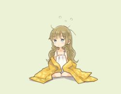Rule 34 | 1girl, alternate costume, alternate hairstyle, brown hair, camisole, commentary request, drill hair, full body, hair down, hatakaze (kancolle), kantai collection, long hair, looking to the side, messy hair, robe, saiguchi otoufu, sitting, sleepy, solo, wariza, yellow robe