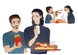 Rule 34 | 2boys, animification, black hair, black shirt, blue shirt, brown eyes, brown hair, burger, burger malfunction, buttons, collared shirt, commentary, cup, disposable cup, drinking straw, eating, facial hair, fingernails, food, food on face, french fries, green eyes, hand up, hands up, happy meal, holding, holding cup, holding food, holding tray, loki (marvel), long sleeves, looking at another, male focus, marvel, marvel cinematic universe, mcdonald&#039;s, medium hair, multiple boys, murdermuffinloki, open mouth, shirt, short hair, short sleeves, simple background, sitting, standing, symbol-only commentary, t-shirt, teeth, tongue, tony stark, tray, white background
