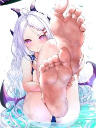 Rule 34 | 1girl, absurdres, ahoge, ass, bare legs, barefoot, blue archive, commentary request, demon girl, demon horns, demon wings, foot focus, forehead, hair ornament, hairclip, halo, highres, hina (blue archive), hina (swimsuit) (blue archive), horns, hugging own legs, legs up, long hair, looking at viewer, momiji akiba, official alternate costume, official alternate hairstyle, old school swimsuit, one side up, parted bangs, partially submerged, purple eyes, school swimsuit, simple background, soles, solo, swimsuit, toes, wavy hair, wet, wet clothes, wet swimsuit, white hair, wings