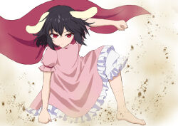 Rule 34 | 1girl, animal ears, arm up, barefoot, black hair, bloomers, cape, clenched hands, closed mouth, debris, dress, flat chest, floppy ears, full body, inaba tewi, looking at viewer, medium hair, petticoat, pink dress, puffy short sleeves, puffy sleeves, rabbit ears, red cape, red eyes, serious, short sleeves, simple background, solo, sugiyama ichirou, superhero landing, touhou, underwear, v-shaped eyebrows, white background