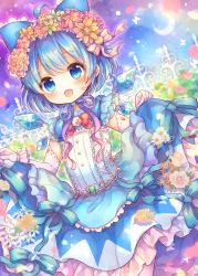 Rule 34 | 1girl, :d, ahoge, blue bow, blue dress, blue eyes, blue hair, blue ribbon, blue sky, blush, bow, brown flower, cirno, cloud, coa (chroo x), commentary request, crescent moon, dress, dutch angle, elbow gloves, fence, flower, frilled dress, frills, gloves, gradient ribbon, green flower, hair between eyes, hair bow, hair flower, hair ornament, ice, ice wings, moon, open mouth, outdoors, petals, purple flower, purple ribbon, purple sky, red bow, red flower, ribbon, rose, skirt hold, sky, sleeveless, sleeveless dress, smile, solo, touhou, white flower, white gloves, white rose, wings