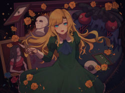 Rule 34 | 1other, 2girls, :o, absurdres, ascot, blonde hair, blood, bloody tears, blue eyes, colored skin, doll (ib), dress, flower, green dress, grey skin, highres, holding, holding knife, ib (ib), ib (kouri), knife, long hair, long sleeves, mary (ib), multiple girls, oukafafafa, painting (object), palette knife, red eyes, statue, yellow flower