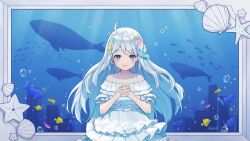 Rule 34 | 1girl, ahoge, air bubble, ashika (yftcc948), bare shoulders, blue eyes, blush, bubble, building, city, collarbone, conch, cowboy shot, dress, fish, frilled dress, frills, grey hair, hair between eyes, highres, light rays, long hair, looking at viewer, off-shoulder dress, off shoulder, original, outside border, own hands clasped, own hands together, parted lips, picture frame, school of fish, seashell, shell, shell hair ornament, sidelocks, signature, solo, starfish, straight-on, submerged, teeth, underwater, whale, white dress