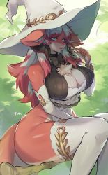 Rule 34 | 1girl, absurdres, animal ears, blue eyes, breasts, brown horns, cleavage, commentary request, detached sleeves, fang, furry, furry female, hat, highres, horns, large breasts, long hair, looking at viewer, multicolored hair, open mouth, original, red hair, sitting, solo, suurin (ksyaro), tail, thighhighs, two-tone hair, white hair, white hat, white sleeves, white thighhighs, witch hat