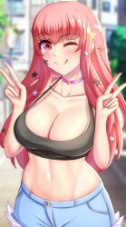 Rule 34 | 1girl, ;), ;q, anisdrawn, blurry, blurry background, blush, breasts, camisole, choker, collarbone, commentary request, crop top, double v, facial mark, fire emblem, fire emblem engage, hands up, highres, large breasts, looking at viewer, midriff, navel, nintendo, one eye closed, outdoors, pink choker, red eyes, red hair, smile, solo, spaghetti strap, star (symbol), stomach, tongue, tongue out, upper body, v, wink, yunaka (fire emblem)