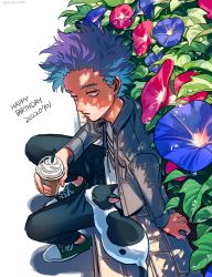 Rule 34 | 1boy, animal, bags under eyes, black pants, boku no hero academia, cat, cup, dated commentary, dew drop, flower, frown, green footwear, grey jacket, half-closed eyes, happy birthday, holding, holding cup, jacket, long sleeves, looking to the side, male focus, morning glory, ohhhhhhtsu, open clothes, open jacket, pants, purple flower, purple hair, red flower, shadow, shinsou hitoshi, shirt, shoes, short hair, simple background, sitting, solo, water drop, white background, white shirt