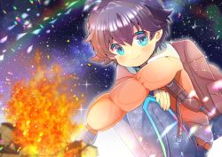 Rule 34 | 1boy, backpack, bag, black hair, blue eyes, blue pants, blush, campfire, closed mouth, colored eyelashes, fang, fang out, fire, hair between eyes, indie virtual youtuber, jacket, knees up, kou hiyoyo, long sleeves, looking at viewer, male focus, mole, mole under eye, night, night sky, orange jacket, outdoors, pants, short eyebrows, sky, smile, solo, squatting, star (sky), starry sky, tazzle, thick eyebrows, virtual youtuber