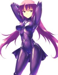 Rule 34 | 1girl, arms up, bodysuit, breasts, covered navel, fate/grand order, fate (series), highres, long hair, looking at viewer, medium breasts, mono (moiky), purple bodysuit, purple eyes, purple hair, scathach (fate), simple background, solo, thighs, white background