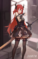 Rule 34 | 1girl, absurdres, arknights, arm strap, black dress, black thighhighs, blurry, blurry background, breasts, buckle, character name, closed mouth, dress, hair between eyes, highres, holding, holding sword, holding weapon, horns, long hair, medium breasts, purple eyes, red hair, short dress, sleeveless, sleeveless dress, slit pupils, smile, solo, standing, surtr (arknights), sword, thighhighs, very long hair, weapon, yadoshin, zettai ryouiki