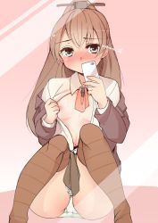 Rule 34 | 10s, 1girl, blue eyes, blush, breasts, brown eyes, brown hair, cellphone, covering own mouth, hair ornament, hairclip, kantai collection, kumano (kancolle), long hair, looking at viewer, mirror, nipples, open clothes, open shirt, panties, personification, phone, ponytail, reflection, sacha, school uniform, selfie, shirt, skirt, small breasts, solo, thighhighs, underwear, upskirt