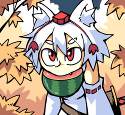 1girl animal_ear_fluff animal_ears commentary detached_sleeves english_commentary fang hat inubashiri_momiji leaf looking_at_viewer maple_leaf mouth_hold photo-referenced red_eyes red_hat ribbon-trimmed_sleeves ribbon_trim setz shirt short_hair sleeveless sleeveless_shirt solo tokin_hat touhou upper_body watermark white_hair white_shirt white_sleeves wolf_ears wolf_girl