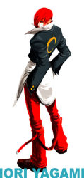 Rule 34 | 1boy, character name, choker, crescent print, elek yoshikawa, from behind, hair over one eye, hands in pockets, male focus, red eyes, red hair, simple background, solo, standing, the king of fighters, yagami iori