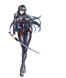 Rule 34 | 1girl, annerose vajra, breasts, closed mouth, eyebrows, female focus, full body, hand on own hip, kagami hirotaka, katana, koutetsu no majo anneroze, large breasts, legs together, lilith-soft, long hair, looking at viewer, official art, pointy ears, simple background, solo, sword, taimanin (series), taimanin rpgx, weapon