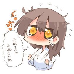 Rule 34 | 10s, 1girl, alternate costume, blush, brown hair, crying, kaga (kancolle), kantai collection, lowres, rebecca (keinelove), short hair, side ponytail, solo, tears, translated, yellow eyes