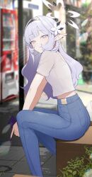 Rule 34 | 1girl, alternate costume, black hairband, blue archive, blue pants, cellphone, day, denim, earrings, grey hair, hairband, halo, highres, himari (blue archive), holding, holding phone, jewelry, long hair, looking at viewer, outdoors, pants, parted lips, phone, pointy ears, purple eyes, purple halo, shirt, short sleeves, smartphone, solo, striped clothes, striped hairband, white shirt, zanya 000