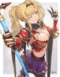 Rule 34 | 1girl, blonde hair, braid, breasts, cleavage, commentary request, cowboy shot, gauntlets, granblue fantasy, green eyes, ivris, midriff, one eye closed, polearm, skirt, spear, standing, twintails, v, weapon, zeta (granblue fantasy)