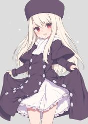 Rule 34 | 1girl, blush, capelet, coat, coat dress, cowboy shot, dress, fate/stay night, fate (series), fur hat, gamuo, grey background, hat, highres, illyasviel von einzbern, long hair, looking at viewer, open mouth, papakha, red eyes, scarf, skirt hold, smile, solo, white dress, white hair, white scarf