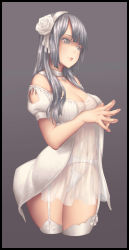 Rule 34 | 1girl, absurdres, bad id, bad pixiv id, black border, border, breasts, choker, cleavage, closed mouth, cropped legs, eyelashes, flower, garter belt, grey eyes, grey hair, hair ribbon, hairband, highres, large breasts, light smile, lingerie, lips, long hair, naidong (artist), nail polish, off shoulder, original, own hands together, panties, pink nails, puffy short sleeves, puffy sleeves, ribbon, rose, see-through, short sleeves, simple background, sketch, smile, solo, thighhighs, underwear, white flower, white panties, white rose, white thighhighs