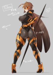 Rule 34 | 1girl, antenna hair, armor, ass, bodysuit, breasts, brown hair, commentary, hair tubes, hand on own hip, high heels, huge ass, lance, large breasts, leotard, long hair, looking back, low twintails, mikoyan, original, personification, polearm, simple background, sunglasses, translation request, twintails, wasp, weapon