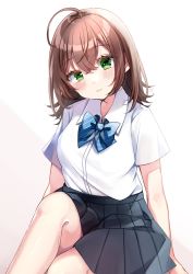 Rule 34 | 1girl, ahoge, bad id, bad pixiv id, black skirt, blue bow, blue bowtie, blush, bow, bowtie, breasts, brown hair, closed mouth, collared shirt, commentary request, dress shirt, feet out of frame, green eyes, head tilt, highres, knee up, long hair, medium breasts, minami saki, miniskirt, original, pleated skirt, shirt, short sleeves, simple background, skirt, smile, solo, striped, striped bow, white background, wing collar