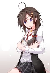 Rule 34 | 1girl, 2others, ahoge, animal, artist name, baileys (tranquillity650), black skirt, blue eyes, braid, brown hair, cat, collarbone, gradient background, hair flaps, highres, jewelry, kantai collection, long hair, long sleeves, multiple others, necklace, necktie, plaid, plaid skirt, pleated skirt, red necktie, shigure (kancolle), signature, single braid, skirt, solo, twitter username