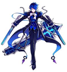 Rule 34 | 1boy, absurdres, aiguillette, black footwear, black gloves, black pants, blue eyes, blue hair, bow, brooch, butler, chain, ciel (elsword), dual wielding, elsword, full body, gloves, gun, highres, holding, hwansang, jacket, jewelry, male focus, matching hair/eyes, official art, outstretched arms, pants, pointy ears, royal guard (elsword), serious, shoes, solo, spread arms, transparent background, weapon, white bow