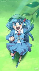 Rule 34 | 1girl, absurdres, backpack, bad anatomy, bag, blue hair, boots, female focus, from above, hair bobbles, hair ornament, hat, highres, hopeless masquerade, kawashiro nitori, key, open mouth, pocket, reef (sanomsai products), running, skirt, skirt set, touhou, twintails