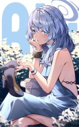 Rule 34 | 1girl, absurdres, ako (blue archive), ako (dress) (blue archive), bare shoulders, blue archive, blue eyes, blue hair, blush, breasts, closed mouth, cuffs, hairband, halo, hanahashi bagara, hand on own cheek, hand on own face, high heels, highres, holding, holding shoes, looking at viewer, medium hair, nail polish, official alternate costume, red nails, shackles, shoes, sideboob, sideless dress, sitting, solo, unworn shoes