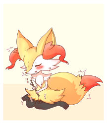 Rule 34 | 1girl, absurdres, animal ear fluff, animal ears, animal feet, animal nose, between legs, black fur, blush, body fur, border, braixen, closed eyes, creatures (company), fang, female focus, female masturbation, flat chest, fox ears, fox girl, fox tail, full body, furry, furry female, game freak, gen 6 pokemon, highres, holding, holding stick, japanese text, masturbation, moaning, multicolored fur, neck fur, nintendo, open mouth, outline, pokemon, pokemon (creature), rope (pixiv 86609436), sideways mouth, simple background, sitting, skin fang, snout, solo, stick, tail, translation request, trembling, u u, wariza, white border, white fur, white outline, yellow background, yellow fur